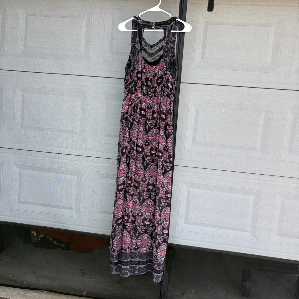 Free People Moroccan Printed Lace Yoke Slit Front Maxi Dress Black Pink 8